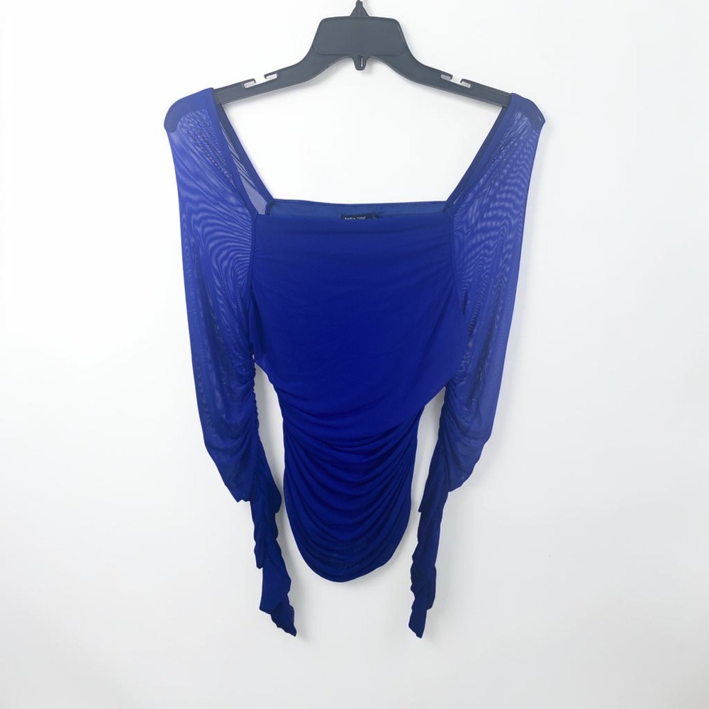 Shein Curve Royal Blue Mesh Ruched Long Sleeve Square Neck Top 2XL